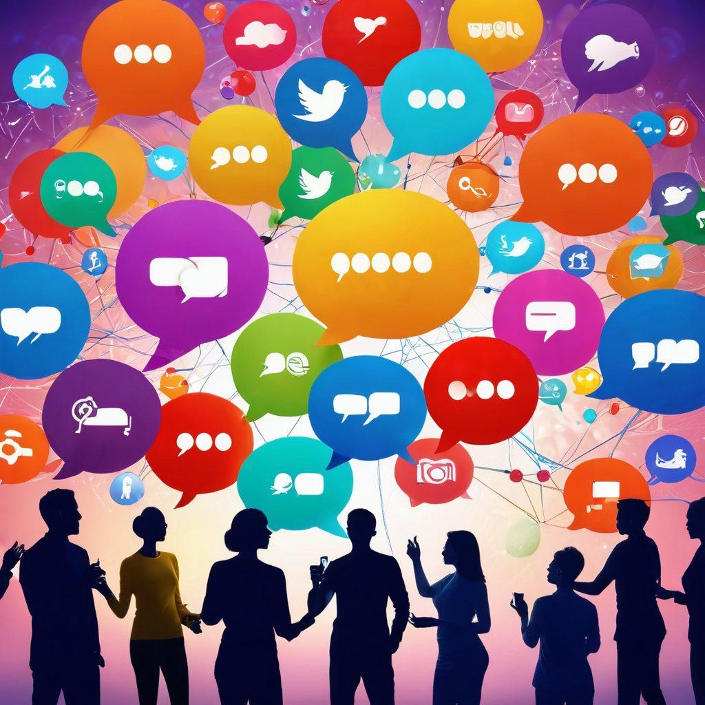 A vibrant, interconnected web of diverse people engaging in conversation, surrounded by digital icons representing social media and communication. The background features colorful bubbles symbolizing thoughts and ideas, illustrating the art of interaction. Include visual metaphors like hands shaking and hearts to represent meaningful connections. Capture a lively and encouraging atmosphere. super-realistic. vibrant colors. 3D.