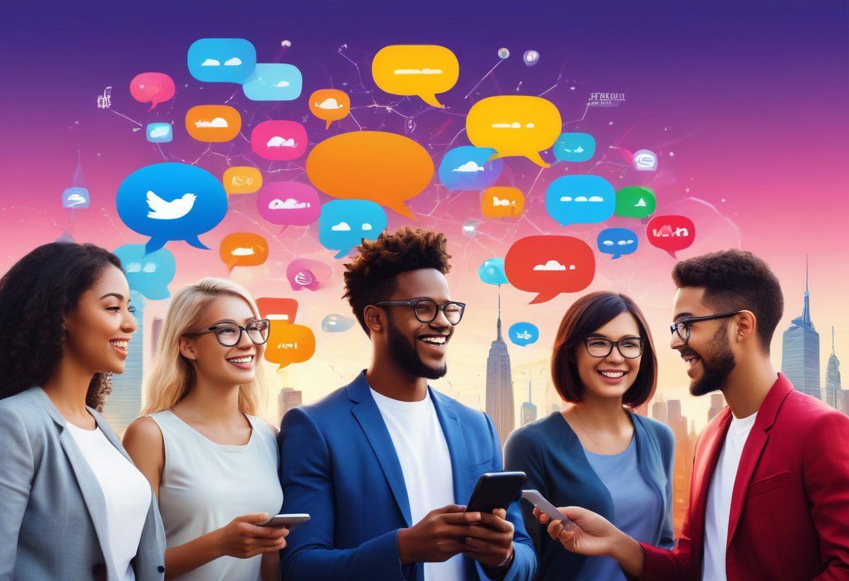 A dynamic scene depicting diverse individuals engaging cheerfully in online conversations on a vibrant digital platform. Illustrate speech bubbles filled with catchy hashtags and emojis while they exchange ideas, showcasing networking and tweeting strategies in action. The background features a colorful digital skyline representing the vast world of social media. super-realistic. vibrant colors. modern digital art.