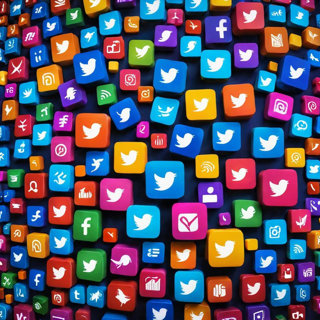 A creative collage showcasing popular social media hashtags interacting with vibrant Weeter icons. Include dynamic arrows symbolizing content sharing and connection between users. The background should feature a gradient of social media colors, with abstract elements representing networking and engagement. super-realistic. vibrant colors. 3D.
